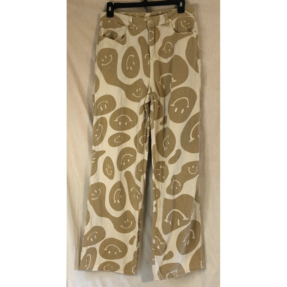 Bailey Rose AOP Smiley Face Tan Brown Wide Leg Jeans Womens M Baggy